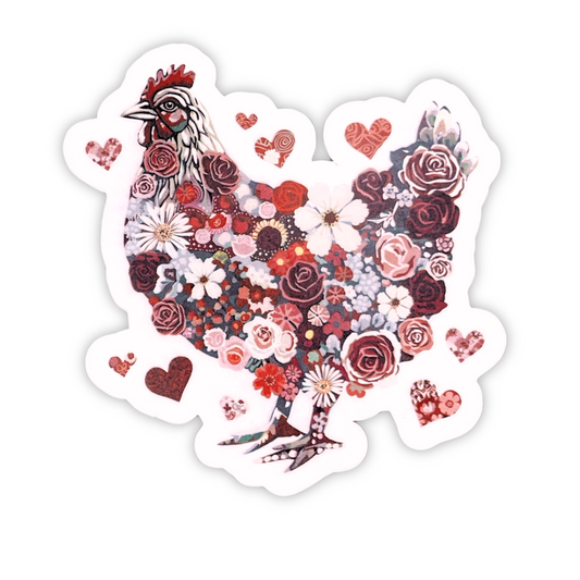 "Floral & Hearts Chicken" Die-cut Sticker